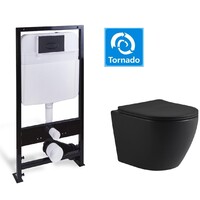 Комплект унитаз подвесной,безободковый, система смыва Tornado (чёрный матовый) + Инсталляция с кнопкой (черная матовая) - Сантехника