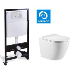 Комплект унитаз подвесной,безободковый, система смыва Tornado (сиденье микролифт) + Инсталляция с кнопкой (хром)  - Сантехника