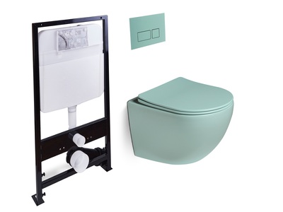 Комплект! унитаз подвесной,система смыва Tornado  + исталляция с кнопкой (светло-зелёный матовый)  - Сантехника