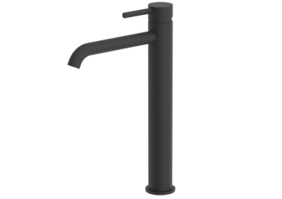  Cмеситель для раковины с высоким корпусом, чёрный матовый, материал латунь, картридж: wanhai, аэратор: Neoperl, подводка длиной 35 см с крепежным комплектом и хромированным кольцом-основанием.  - Сантехника